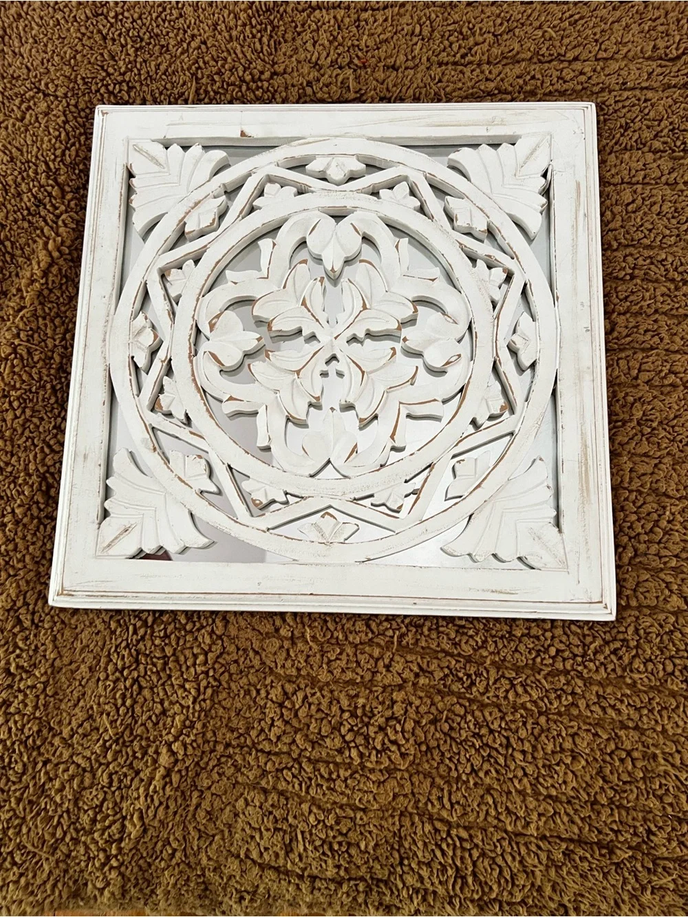 White Carved Wood Mandala Wall Panel with mirror- Decorative Home Wall Decor